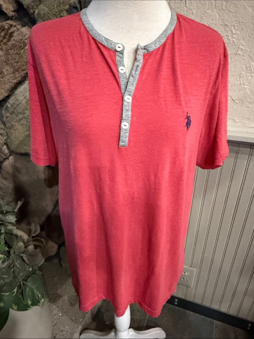 Men's Red Henley Short Sleeve Shirt with Contrast Gray Trim